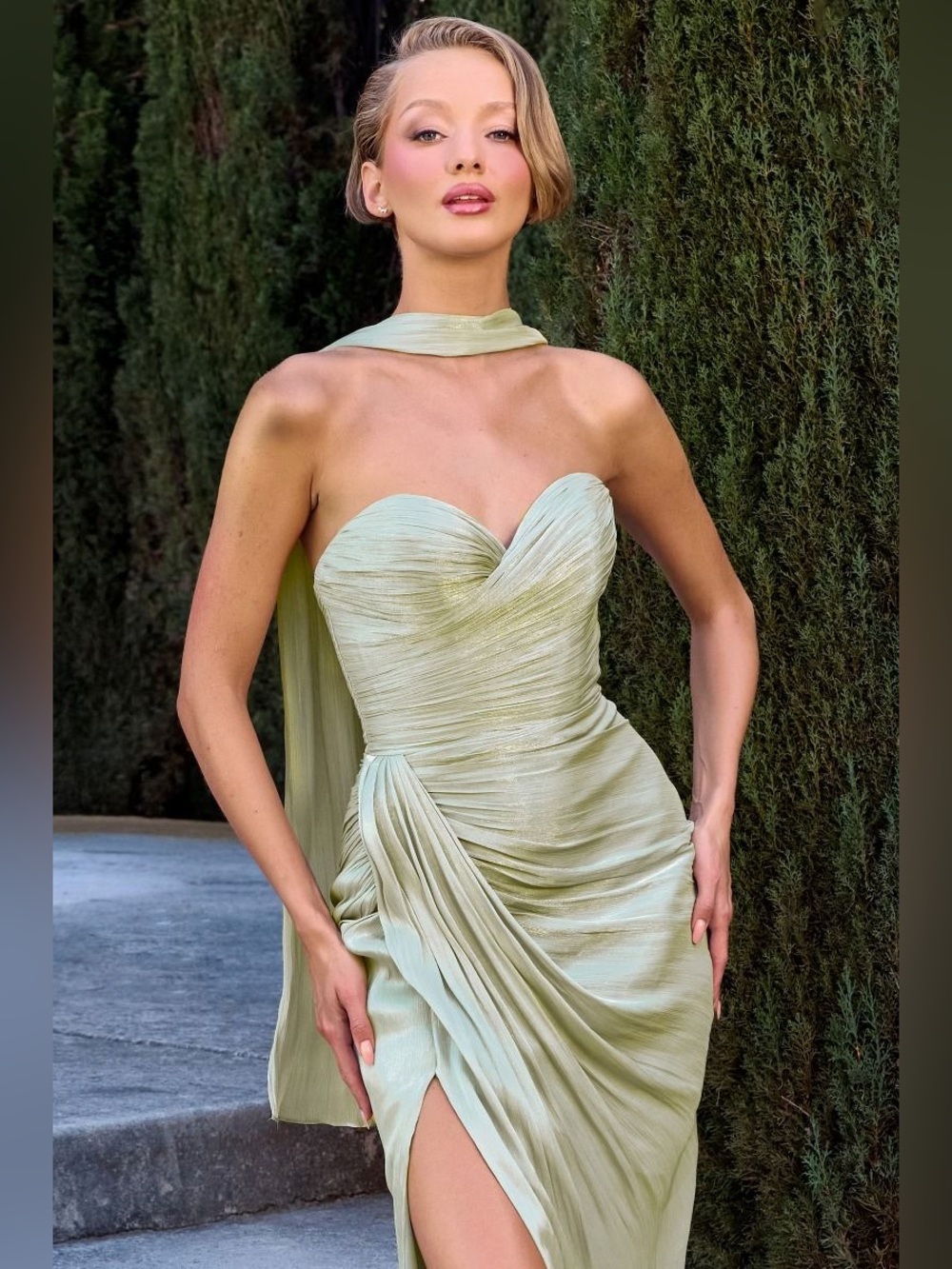 Ladivine Strapless Sage Green Ruched Evening Dress